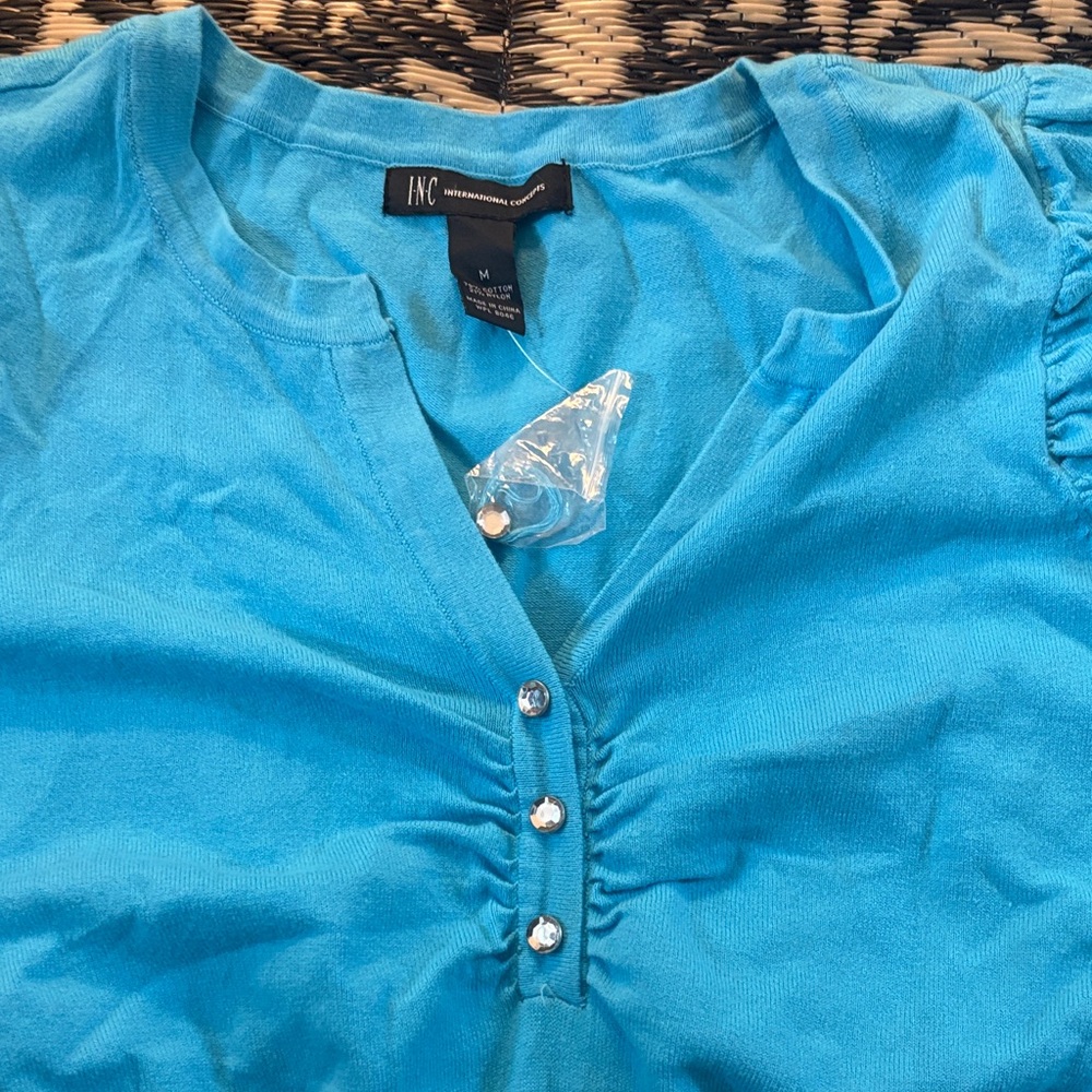 INC International Concepts Bright Turquoise Puff-Sleeve Knit Top - Picture 2 of 3